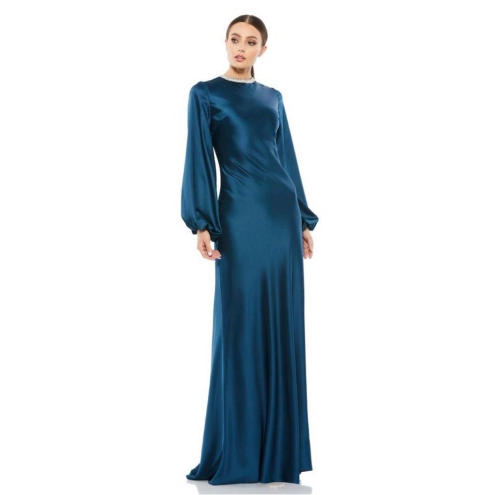 Mac Duggal Long Sleeve Satin Sheath Gown, sapphire, Size 14